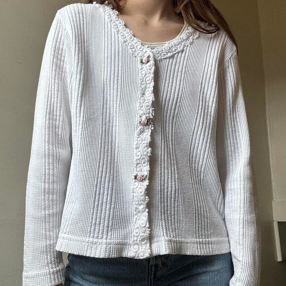 Vintage LA Gold Ribbed Rose Cardigan Intimates Femme - Picture 3 of 4